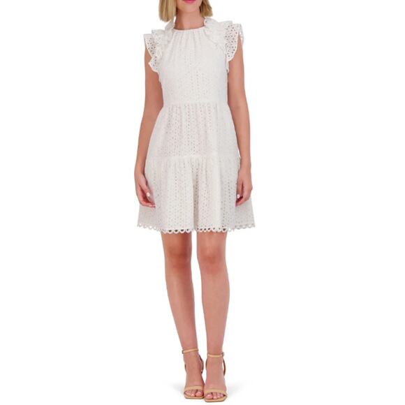 Vince Camuto White Eyelet Ruffle Keyhole Back Tiered Fit & Flare Mini Dress 14/L - Picture 1 of 16